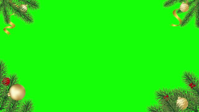 Christmas frame decorated with pine branches and golden baubles creates a festive border on a green screen background.