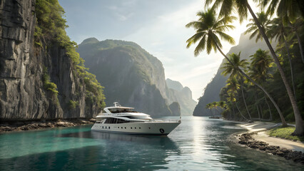 Obraz premium Luxury yacht anchored in a hidden tropical lagoon
