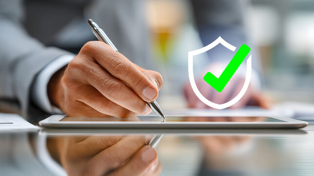Close-up hand with pen writing business document on desk with graph and diagram showing office work success, contract signing and financial planning concept