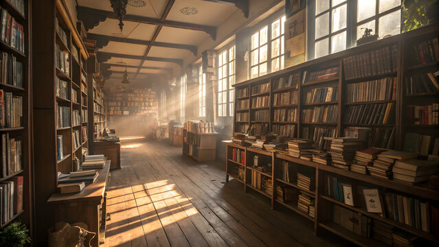 old bookstore with endless shelves and warm 