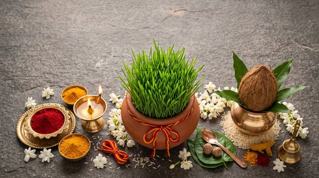 Gauri Vrat Puja Ritual Flat Lay with Sacred Jaware Grass, Kumkum, Jasmine Flowers on Textured Stone Background