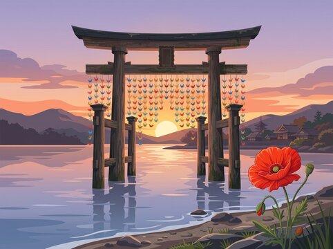Ancient Gate over Lake with Floating Birds and Red Flower