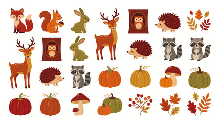 Obraz premium a collection of cute, hand-drawn vector graphics depicting woodland creatures and autumn elements.
