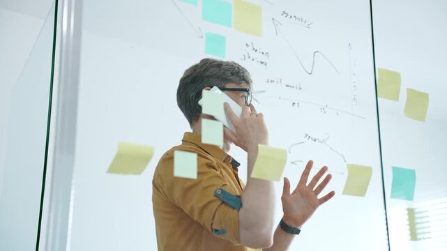 Smiling businessman on a phone call mapping ideas on a glass wall with colorful sticky notes, organizing tasks and brainstorming strategy in a modern office for project planning