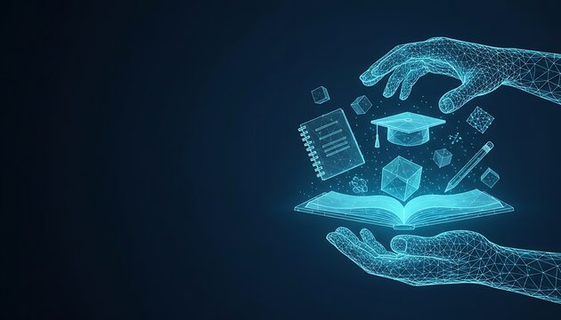 Abstract digital hands holding an open book and academic hat representing knowledge acquisition. futuristic low poly education backgorund with education. futuristic low poly education backgorund