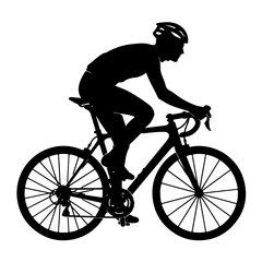 Fototapeta premium Isolated Black Silhouette of a Cyclist Riding a Road Bike Wearing a Helmet on White Background