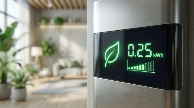Eco-friendly energy meter display showing 0.25 with leaf icon and battery level