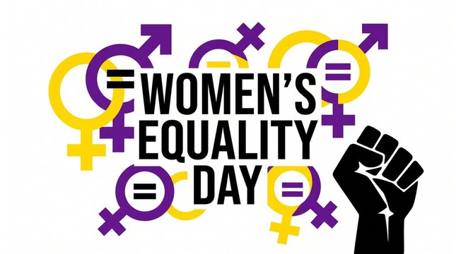 Women's Equality Day poster with feminist symbols, equality signs, and a raised fist illustration on a white background