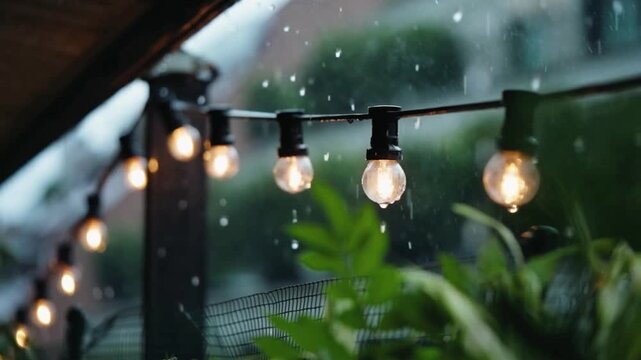 Warm string lights on a rainy day