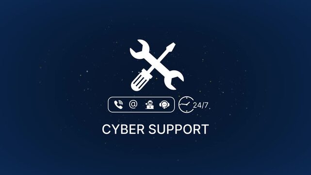 Cyber support help desk with crossed tools and 24/7 availability on dark blue background tech support