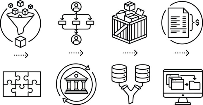 Business Workflow and Process Automation Icon Collection with Data Management System Integration Finance Analytics and Enterprise Technology Symbols for Corporate Design