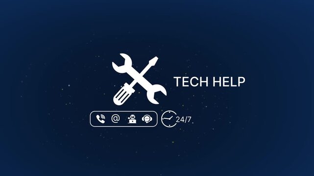 Tech help support service with wrench and fork crossed over dark blue background with contact information and 24/7 availability