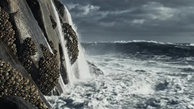 Coastal Waterfall Cascading Down Rocky Cliffs Covered In Barnacles Above Turbulent Sea Waves Under A Dark Stormy Sky In A Moody Natural Landscape