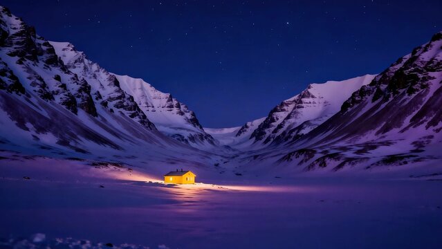 Glowing warm yellow small cabin shining in deep snowy valley between snow covered mountain ranges under starry dark night sky for winter alpine landscape