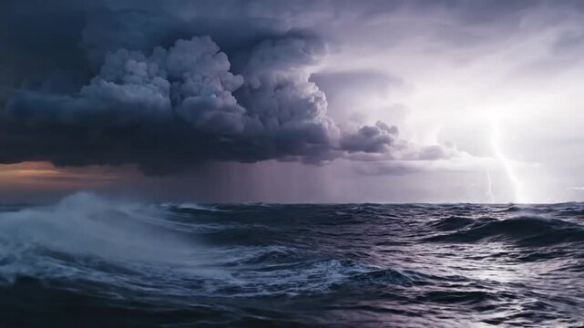 A powerful lightning storm strikes over the dark ocean waves