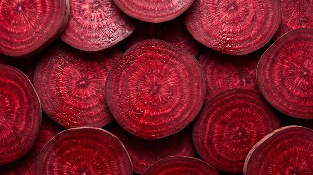 Fresh beetroot slices background, organic red beet root texture, raw vegetable rounds macro photography for healthy food concept