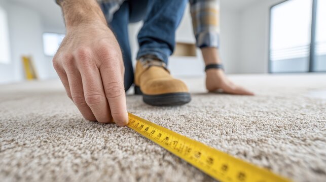 Close-up of a person measuring carpet with a yellow tape in a renovated room