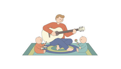 Obraz premium Father plays acoustic guitar for his two little children sitting on a circular rug in a cozy living room environment at home.