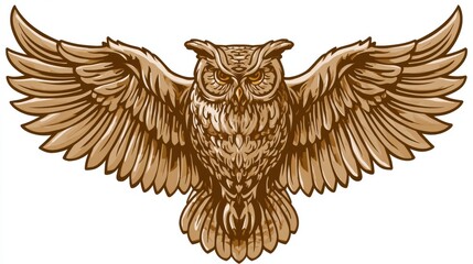 Fototapeta premium Owl displays its wings from the front, showcasing warm brown feathers and symmetrical design against a white background