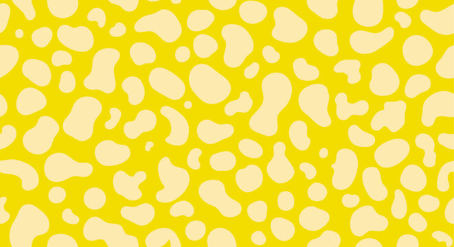 Bright yellow cow print seamless pattern background. Retro dalmatian spotted animal skin vector texture for wallpaper.
