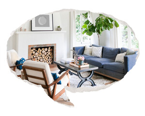 Obraz premium Png cozy interior living room sticker, ripped paper speech bubble, transparent background