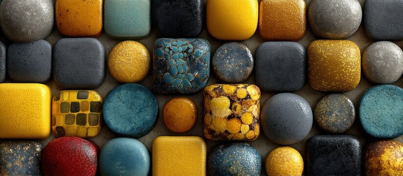 A patterned grid featuring a variety of textured, rounded squares and circles in muted, rich hues