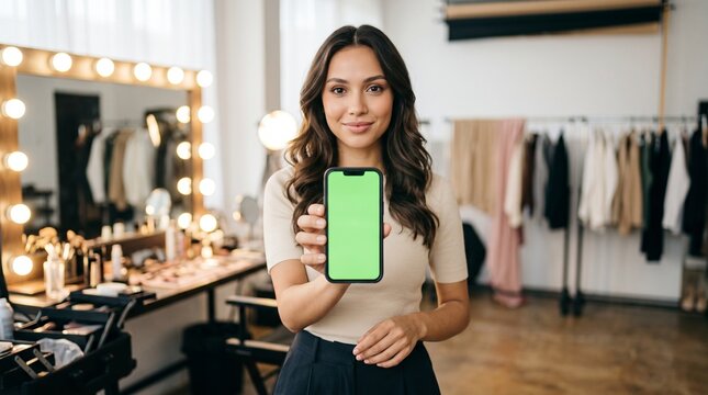 Woman Showing Mobile Phone Mockup While Getting Hair Styled in Beauty Studio