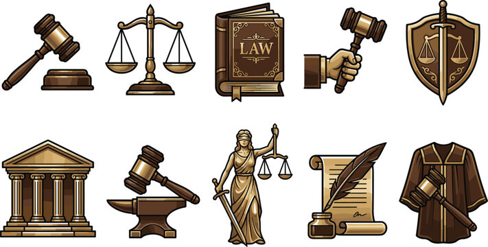 Vintage Law and Justice Justice Icon Set with Gavel Scales of Justice Legal Book Lady Justice Court building and Shield Vector Illustration for Attorney Branding