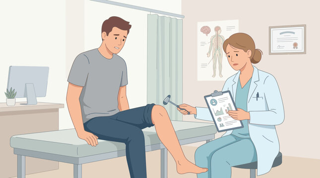 Doctor checking patient's knee reflex with reflex hammer in examination room