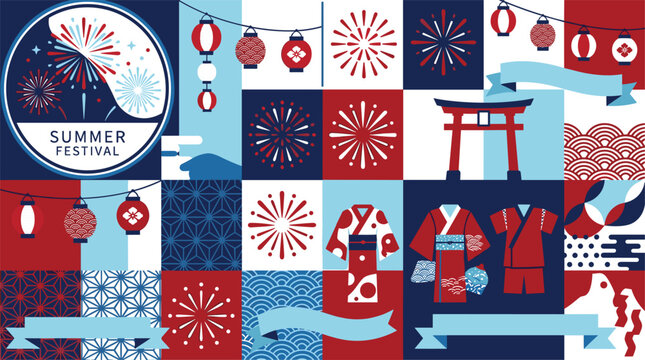 Japanese summer festival vector illustration set with traditional yukata kimono torii gate lanterns fireworks and patterns