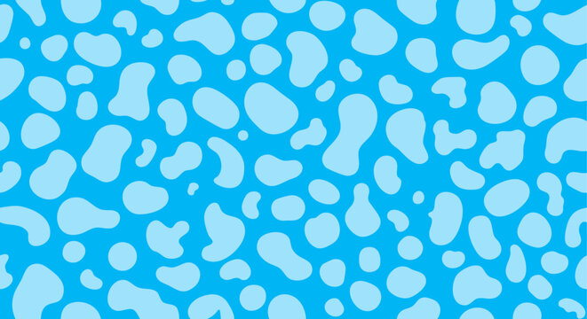 Cute light blue cow print seamless pattern background. Pastel sky blue retro spotted animal skin vector texture.
