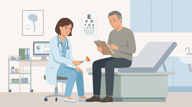 Doctor examining patient with reflex hammer in medical examination room