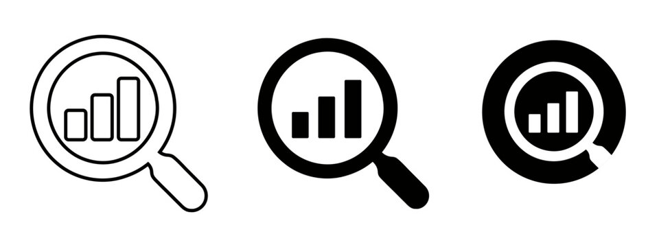 A set of three magnifying glass icons with bar graphs inside for data analysis and search concepts