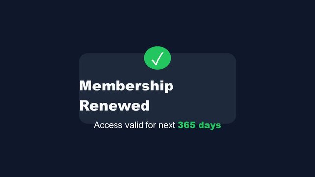 Membership Renewed notification, Green checkmark and white text on dark background, Digital interface popup, symbolizing confirmation.