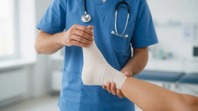 Healthcare professional applying compression bandage to patient ankle in medical clinic, injury treatment and physical rehabilitation