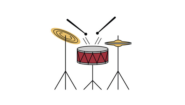 Minimalist vector illustration of a simple drum kit with cymbals and drumsticks isolated on a clean white background for music education concepts.