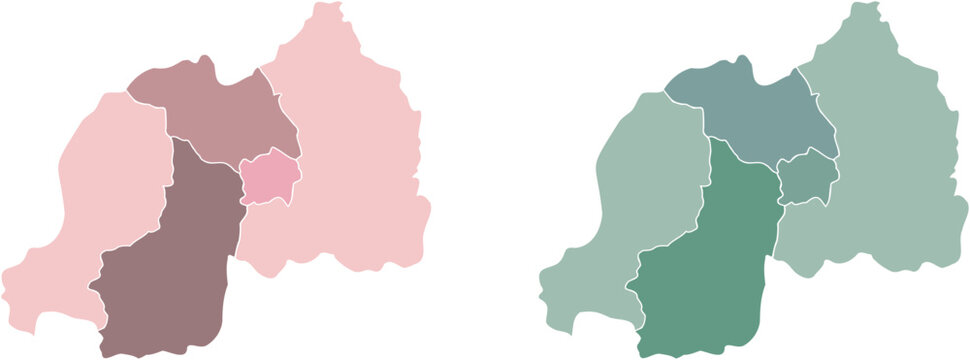 Rwanda administrative province map set in soft pink rose and sage green color variants isolated on white background flat vector illustration