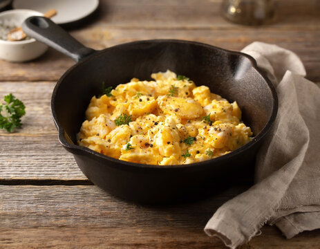 Freshly cooked scrambled eggs in a cast iron skillet on a rustic table