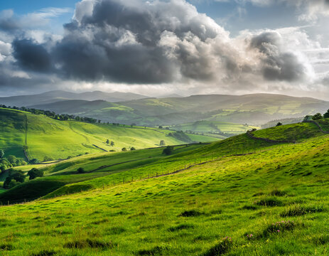 Rolling green hills and mountains under a dramatic cloudy sky in wales