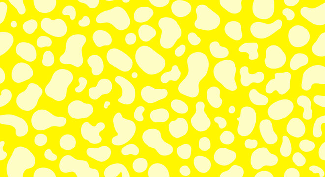 Bright yellow cow print seamless pattern background. Vibrant retro dalmatian spotted animal skin vector texture.
