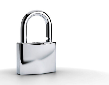 Close up of a brushed metal padlock isolated on white background