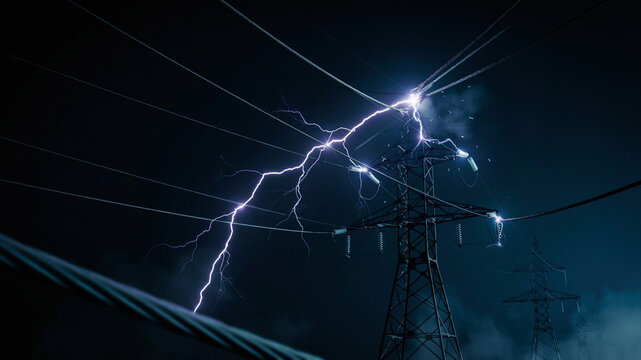 Powerful lightning strike hitting high voltage power lines at night, electrical storm over transmission tower, energy surge and power grid failure concept