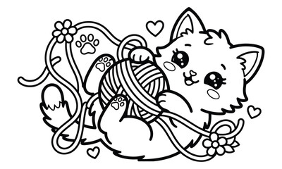 Naklejka premium Cute Kawaii Kitten Playing with Yarn Ball Cartoon Line Art Coloring Page Vector Illustration