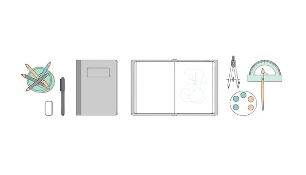 Drawing and drafting tool kit organized neatly with notebooks, colored pencils, pens, erasers, a protractor, a compass, and a paint palette.
