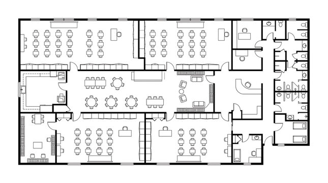 Top-Down Blueprint of a School Classroom Wing with Multiple Classrooms and Commons on White Background