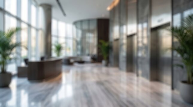 Blurred background of modern corporate office lobby luxury hotel reception interior hall with marble floor and elevator entrance