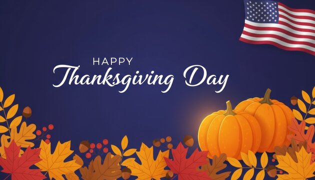 Festive Happy Thanksgiving Day greeting card, autumn pumpkin and fall leaves illustration, USA flag holiday background