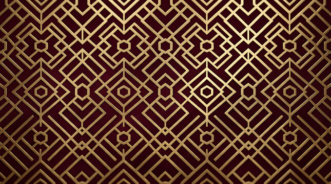 Luxury gold art deco pattern on dark red background
