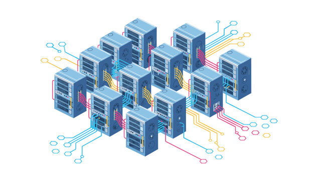 Isometric server farm layout with connected nodes and digital circuit patterns representing advanced computing infrastructure and distributed data systems.