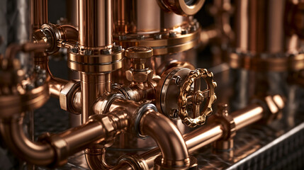 Obraz premium distiller. A polished copper distiller with intricate pipes and valves. bar promotions, beverage menus, designed for food & beverage menus and cafe branding, used by web designers.distiller. A polishe